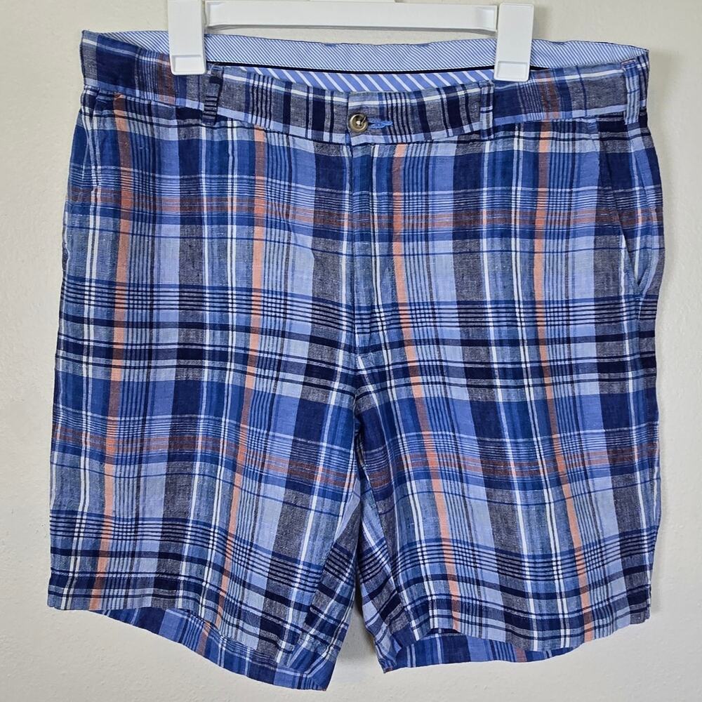 Peter Millar Linen Shorts Men's 36 Blue Plaid Summer Casual Golf Athleisure Prep